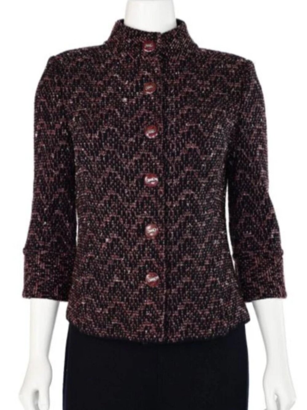 St John Collection bouclé knit button front jacket black/burgundy tweed size 10